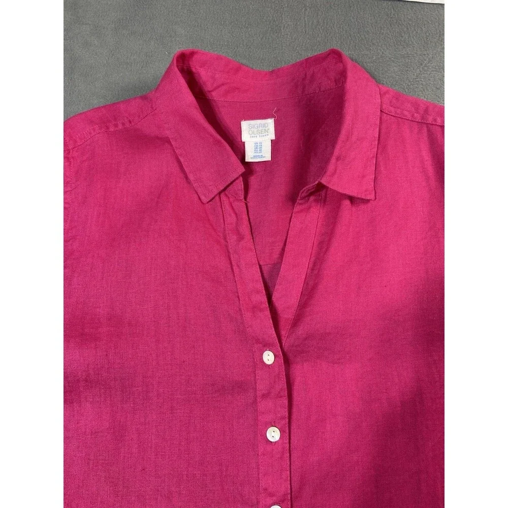 Sigrid Olsen Womens Plus 1X Button Up Bright Pink 100% Linen Shirt Long Sleeve